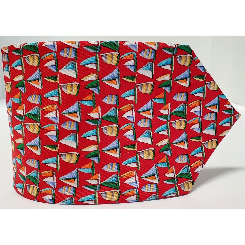 Zionetti Necktie Red Silk w/ Sailboats in Teal Yellow Orange Lt. Blue Gray Tie